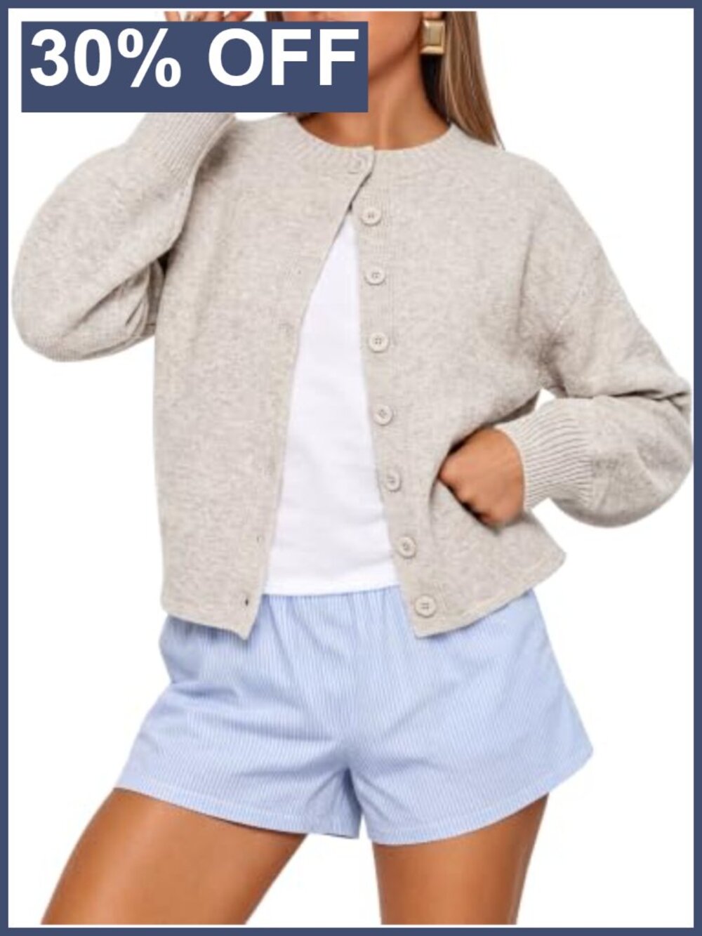 Women's Loose Fit Button Down Puff Sleeve Knit Cardigan Sweater